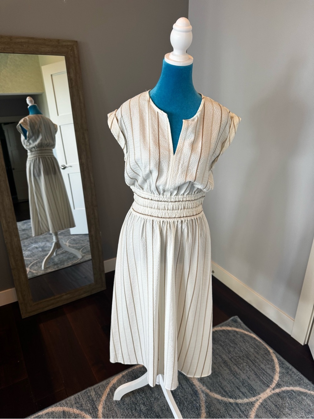 Calvin Klein Cream Striped Smocked-Waist Midi Dress